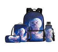 Jeiento Lot de 4 sacs d'école pour enfants - Sac à dos avec sac à déjeuner, trousse à crayons, porte-bouteille d'eau, Hibou lune ciel étoilé, Taille unique, Sacs à dos de jour