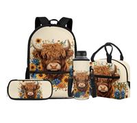 Jeiento Lot de 4 sacs d'école pour garçons et filles de 43,2 cm avec sac à déjeuner isotherme, trousse à crayons, porte-bouteille d'eau, sac à dos de voyage pour enfant, Vache Highland, Taille unique