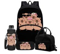 Jeiento Lot de 4 sacs d'école pour garçons et filles de 43,2 cm avec sac à déjeuner isotherme, trousse à crayons, porte-bouteille d'eau, sac à dos de voyage pour enfant, Animal Capybara drôle, Taille