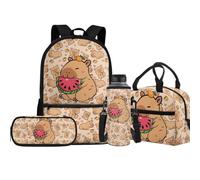 Jeiento Lot de 4 sacs d'école pour garçons et filles de 43,2 cm avec sac à déjeuner isotherme, trousse à crayons, porte-bouteille d'eau, sac à dos de voyage pour enfant, Adorable Capybara, Taille