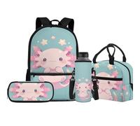 Jeiento Lot de 4 sacs d'école pour garçons et filles de 43,2 cm avec sac à déjeuner isotherme, trousse à crayons, porte-bouteille d'eau, sac à dos de voyage pour enfant, Axolotl de dessin animé