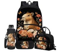Jeiento Lot de 4 sacs d'école pour garçons et filles de 43,2 cm avec sac à déjeuner isotherme, trousse à crayons, porte-bouteille d'eau, sac à dos de voyage pour enfant, Capybara de dessin animé
