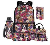Jeiento Lot de 5 sacs d'école primaire pour garçons et filles - Sac à dos avec sac à déjeuner - Sac à dos de voyage, Chiot Border Collie Fleur, Taille unique, Sacs à dos de jour