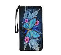 Jeiento Portefeuille en cuir de grande capacité avec dragonne pour femme - Organiseur de cartes avec fermeture éclair sur le pourtour, Papillon Bleu, L, Décontracté