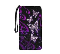 Jeiento Portefeuille en cuir de grande capacité avec dragonne pour femme - Organiseur de cartes avec fermeture éclair sur le pourtour, Papillon violet, L, Décontracté