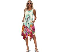 Jeiento Robe d'été sans manches tendance pour femme, robe débardeur ample, robe de plage fluide avec poches, mouchoir évasée, robe de cocktail, Colibri Mandala Fleur Lumineuse, S