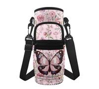 Jeiento Sac à bouteille d'eau avec motif papillon rose et fleurs - Léger - Sac isotherme pour bouteille d'eau