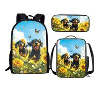 Jeiento Sac à dos 3 en 1 pour enfants filles et garçons - Sac à déjeuner isotherme - Trousse à crayons - Ensemble de sacs à livres préscolaires, Chiens Teckel papillon tournesol, Taille unique, Sacs à