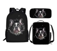 Jeiento Sac à dos 3 en 1 pour enfants filles et garçons - Sac à déjeuner isotherme - Trousse à crayons - Ensemble de sacs à livres préscolaires, Bouledogue français 3D, Taille unique, Sacs à dos de