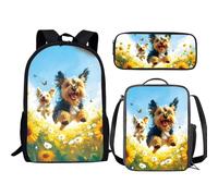 Jeiento Sac à dos 3 en 1 pour enfants filles et garçons - Sac à déjeuner isotherme - Trousse à crayons - Ensemble de sacs à livres préscolaires, Happy Yorkshire Terrier, Taille unique, Sacs à dos de