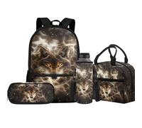 Jeiento Sac d'école avec motif loup pour garçon et fille avec boîte à déjeuner isotherme, trousse à crayons, housse pour bouteille d'eau de sport, sac à livres préscolaire, Loup galaxie gris, Taille