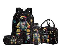 Jeiento Sac d'école avec motif loup pour garçon et fille avec boîte à déjeuner isotherme, trousse à crayons, housse pour bouteille d'eau de sport, sac à livres préscolaire, Amoureux des astronautes