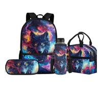 Jeiento Sac d'école avec motif loup pour garçon et fille avec boîte à déjeuner isotherme, trousse à crayons, housse pour bouteille d'eau de sport, sac à livres préscolaire, Loups., Taille unique, Sacs