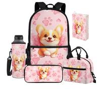 Jeiento Sac d'école léger et décontracté pour enfants, garçons et filles, avec sac à déjeuner, trousse à stylos, housse de protection pour bouteille d'eau, Happy Welsh Corgi Dog, Taille unique, Sacs à