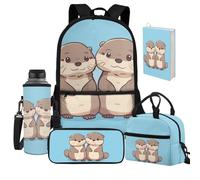 Jeiento Sac d'école léger et décontracté pour enfants, garçons et filles, avec sac à déjeuner, trousse à stylos, housse de protection pour bouteille d'eau, Animaux marins loutres de dessin animé