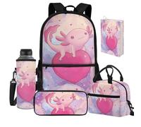 Jeiento Sac d'école léger et décontracté pour enfants, garçons et filles, avec sac à déjeuner, trousse à stylos, housse de protection pour bouteille d'eau, Adorables axolotls, Taille unique, Sacs à