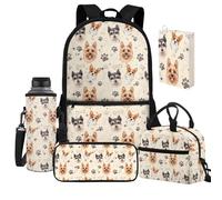 Jeiento Sac d'école léger et décontracté pour enfants, garçons et filles, avec sac à déjeuner, trousse à stylos, housse de protection pour bouteille d'eau, Patte de chiot et de chien, Taille unique