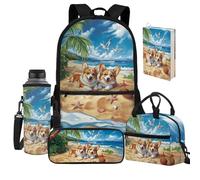 Jeiento Sac d'école pour enfants de 3 à 12 ans, sac à déjeuner, trousse à stylos, couverture souple pour bouteille d'eau, Happy Corgi Dog on Beach, Taille unique, Sacs à dos de jour