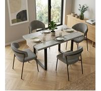 JEIXI Ensemble table de salle à manger extensible et 4 chaises avec plateau en MDF effet béton gris et chaises en lin 130-170 cm