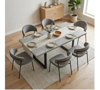 JEIXI Ensemble table de salle à manger extensible et 6 chaises avec plateau en MDF effet béton gris et chaises en lin 130-170 cm