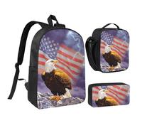 JEJEA Aigle avec imprimé drapeau des États-Unis Sac à dos avec boîte à déjeuner et trousse Pecnil Ensemble 3 en 1, cartable, sac à déjeuner, trousse à crayons 43,2 cm pour voyage, Noir , Taille unique