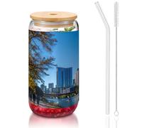 JEJEA Austin Texas Tasses en verre avec couvercles en bambou et pailles, tasse à café, tasses en forme de canette, verres, cocktails, transparent