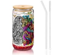 JEJEA Avantages du cerveau gauche et droit - Tasses en verre avec couvercles et pailles en bambou - Pour café, canette, verre, cocktail, transparent