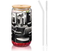 JEJEA Barber Shop - Tasses en verre de style monochrome avec couvercles et pailles en bambou, tasse à café, tasses en forme de canette, verres, cocktails, transparent