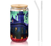 JEJEA Black Haunted Mansion Tasses en verre avec couvercles en bambou et pailles, tasse à café, tasses en forme de canette, verres, cocktails, transparent