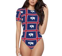 JEJEA Body imprimé drapeau de l'État du Wyoming pour femmes à manches courtes et col rond décontracté extensible basique t-shirt body tops, Noir , M