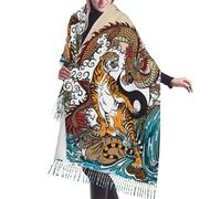 JEJEA Châle à franges en faux cachemire imprimé dragon et tigre - Écharpe d'hiver chaude pour femme, douce et confortable pour temps froid