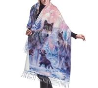 JEJEA Châle à franges en faux cachemire imprimé famille de loups - Écharpe d'hiver chaude pour femme, douce et confortable pour temps froid