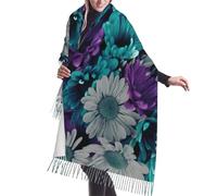 JEJEA Châle à franges en faux cachemire imprimé fleurs violettes et bleu sarcelle - Écharpe d'hiver chaude pour femme, douce et confortable pour temps froid