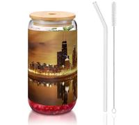 JEJEA Chicago Tasses en verre avec couvercles en bambou et pailles, tasse à café, tasses en forme de canette, verres, cocktails, transparent