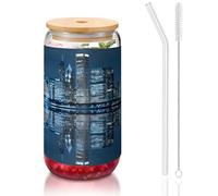 JEJEA Chicago - Tasses en verre réfléchissant avec couvercles en bambou et pailles, tasse à café, tasses en forme de canette, verres, cocktails, transparent