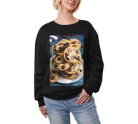 JEJEA Cookies Nourriture Pépites de Chocolat Biscuits Imprimé Hiver Polaire Doublé Chaud Décontracté Hauts Surdimensionnés Manches Longues Pull Mode Sweatshirt, Noir , XS