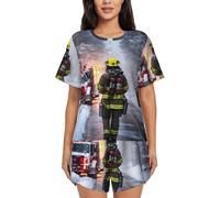 JEJEA Ensemble de pyjama court à manches courtes pour femme - Imprimé flammes - Pompier, Noir , L