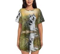 JEJEA Ensemble de pyjama doux à manches courtes pour femme avec imprimé chiens husky mignons, Noir , XXL
