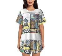 JEJEA Ensemble pyjama court à manches courtes imprimé Happy Campers pour femme, Noir , L
