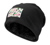 JEJEA Flamingo Bird Round Leaves Print Fleece Lined Skull Cap, Winter Knit Cuffed Beanie Hat Soft Warm Ski Hats Unisex Cold Weather, Noir , Taille unique