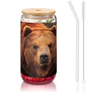 JEJEA Grizzly Bear Tasses en verre avec couvercles et pailles en bambou Transparent