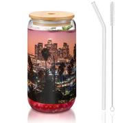 JEJEA Los Angeles - Tasses en verre avec couvercles en bambou et pailles en forme de palmiers - Tasse à café en forme de canette - Verres à cocktail - Transparent