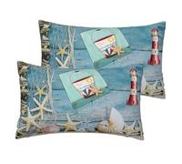 JEJEA Lot de 2 housses de coussin décoratives en lin avec imprimé phare et étoile de mer 30 x 50 cm