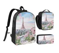 JEJEA Magnifique sac à dos imprimé Tour Eiffel Paris avec boîte à déjeuner et trousse 3 en 1, cartables, sac à déjeuner, trousse à crayons 43,2 cm pour voyage, Noir , Taille unique