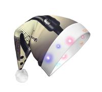 JEJEA Microphone avec note de musique imprimé chapeau de Père Noël adulte LED, chapeau de Noël avec lumières pour femmes et hommes, fournitures de fête du Nouvel An