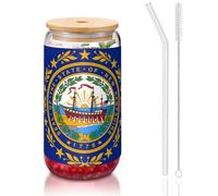 JEJEA New Hampshire State Flag Tasses en verre avec couvercles et pailles en bambou Transparent