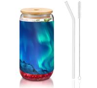 JEJEA Northern Lights 1 Tasses en verre avec couvercles en bambou et pailles, tasse à café, tasses en forme de canette, verres, cocktails, transparent