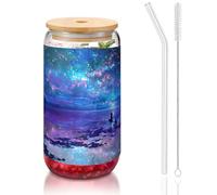 JEJEA Northern Lights Tasses en verre avec couvercles en bambou et pailles, tasse à café, tasses en forme de canette, verres, cocktails, transparent