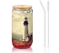 JEJEA Old Lighthouse Tasses en verre avec couvercles en bambou et pailles, tasse à café, tasses en forme de canette, verres, cocktails, transparent