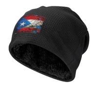 JEJEA Puerto Rico Bonnet de ski en tricot avec revers doublé en polaire Motif drapeau imprimé drapeau Unisexe, Noir , Taille unique